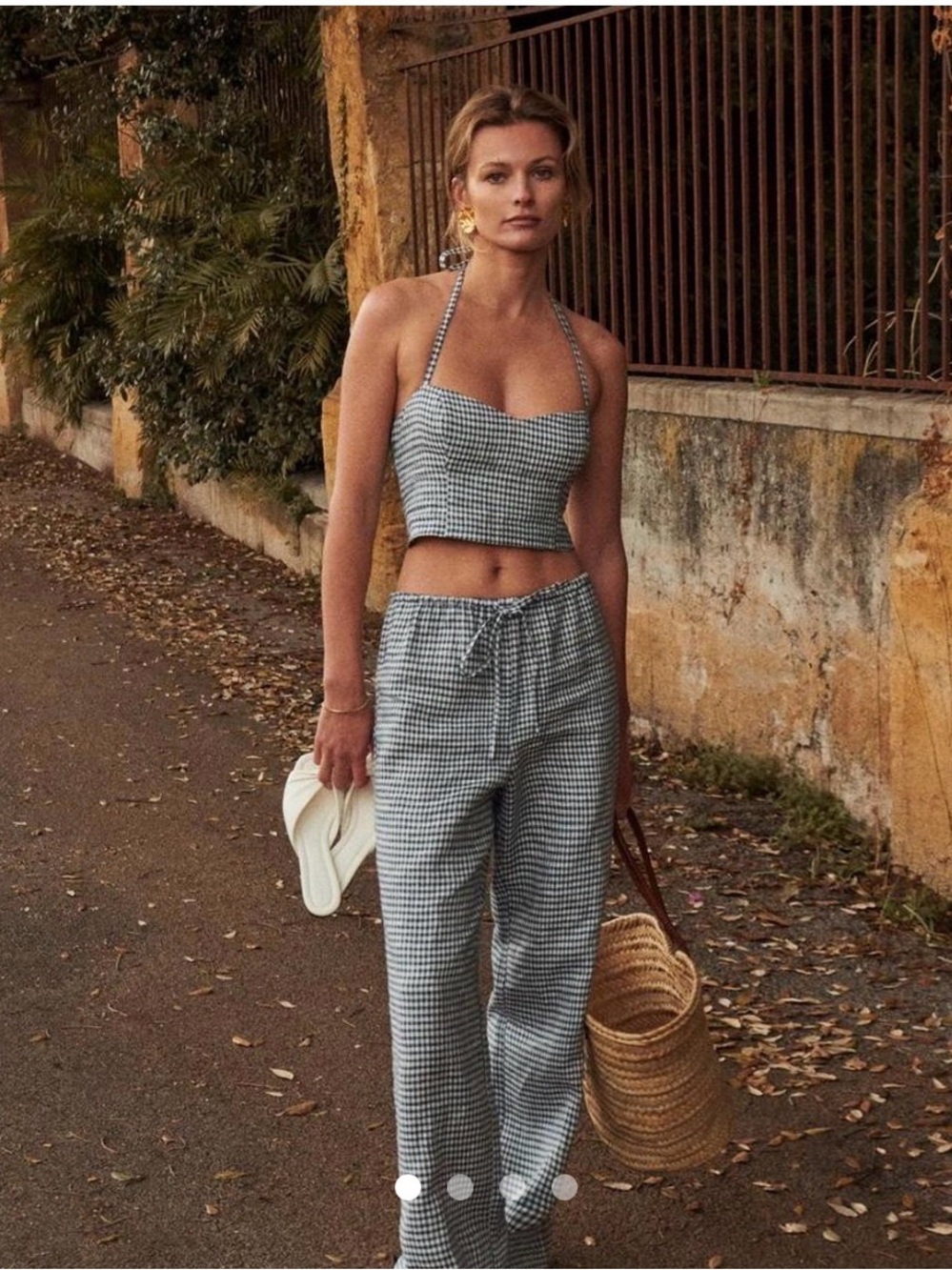 Gingham Drawstring Waist Wide-Leg Pants/Top set- Blue/ White M